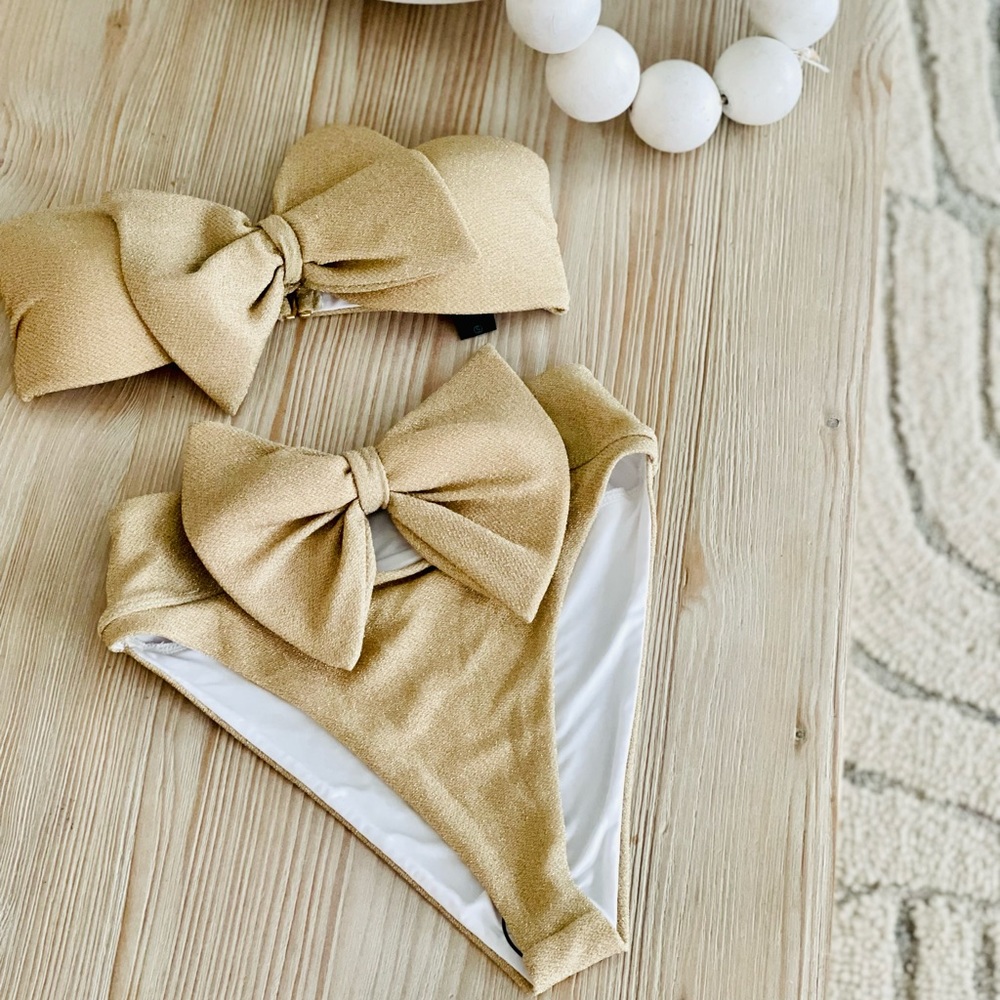 Beach Riot Metallic Gold-textured Bow Bikini Set, S - Picture 2 of 9